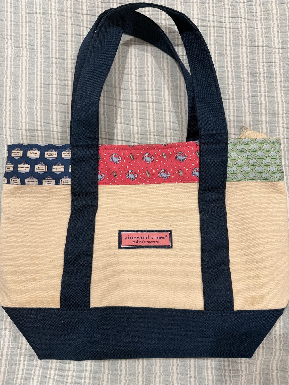 Vineyard Vines Cream Canvas Zipper Tote with Navy Trim and Multicolor Accents